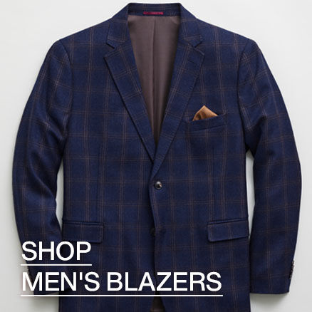 A men's navy plaid blazer laid down with a small orange pocket square with a click through button that reads Shop Men's Blazers.